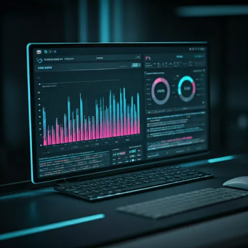 Search analytics dashboard with cyan and magenta data visualizations