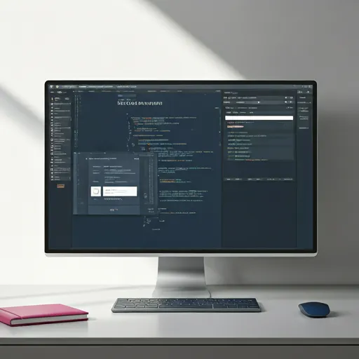 Modern development workspace with a widescreen monitor displaying interface code